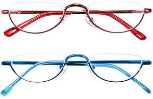 lot 3713 image: REAVEE 2 Pack Retro Designer Half Frame Reading Glasses for Women Men Spring Hinge Half Moon Readers Stylish Slim Eyeglasses with Pouch, Red and Blue 3.5 - Retail $10
