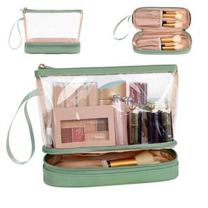lot 3727 image: Ethereal Clear Makeup Bag, Green TSA Approved Toiletry Bag with Brushes Compartment Small Travel Make up Bags for Women - Retail $12