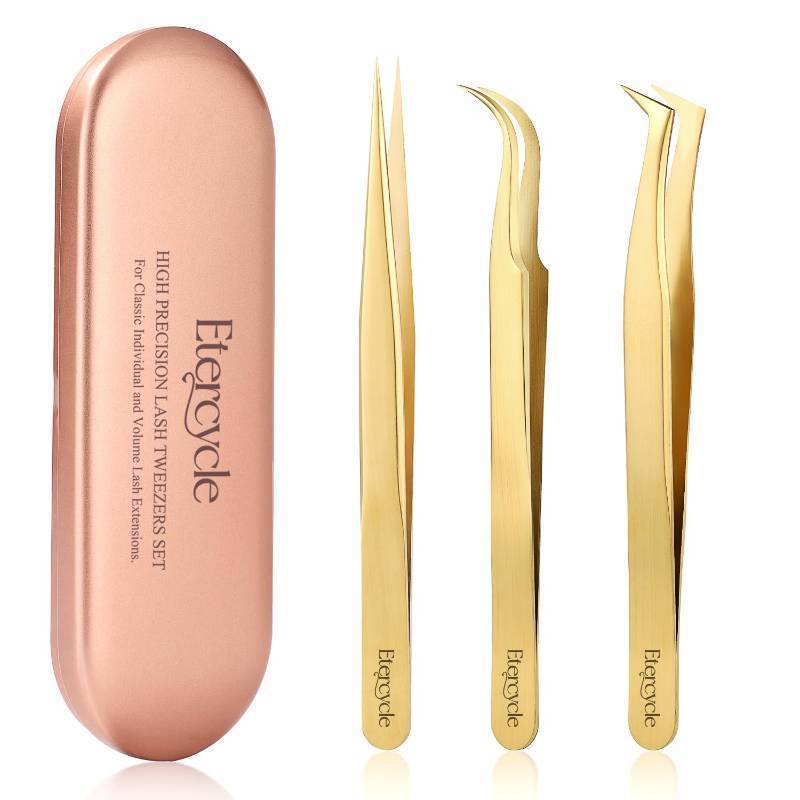 lot 8930 image: Etercycle High Precision Lash Tweezers Set - Includes 3 Stainless Steel Eyelash Tweezers for Classic Individual and Volume Lash Extensions. Complete with Storage Box
