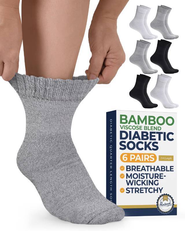 lot 9283 image: Pembrook Bamboo Viscose Diabetic Socks for Women & Men - Ankle Socks for Swollen Feet  Neuropathy Socks  Stretch Top Diabetic Socks for Men 9-12  Black, Gray, White
