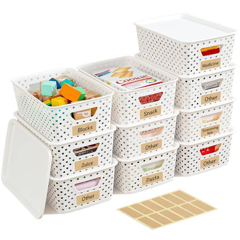 lot 9404 image: 10 Pack Plastic Storage Bins with Lids, Stackable Plastic Storage Baskets for Organizing with Handles, Organizer Bins with Labels for Room, Craft, Containers for Pantry Organizers and Storage