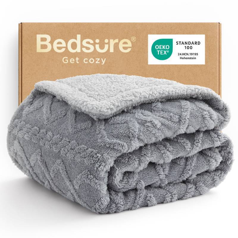 lot 9606 image: Bedsure Gentlesoft Sherpa Fleece Throw Blanket for Couch - Fluffy & Cozy Cable Jacquard Tufted Throw for Women Gift and Home Decor, Thick and Warm Blanket for Winter, Grey, 50x60 Inches