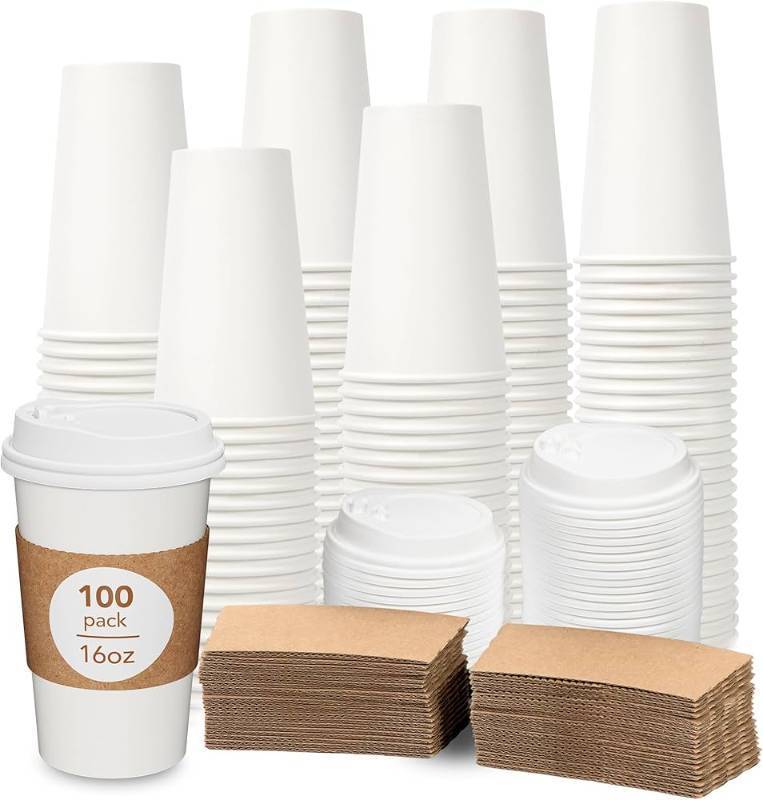 lot 9731 image: Dailylife 16oz Disposable Coffee Cups with Lids and Sleeves - 100 Count White