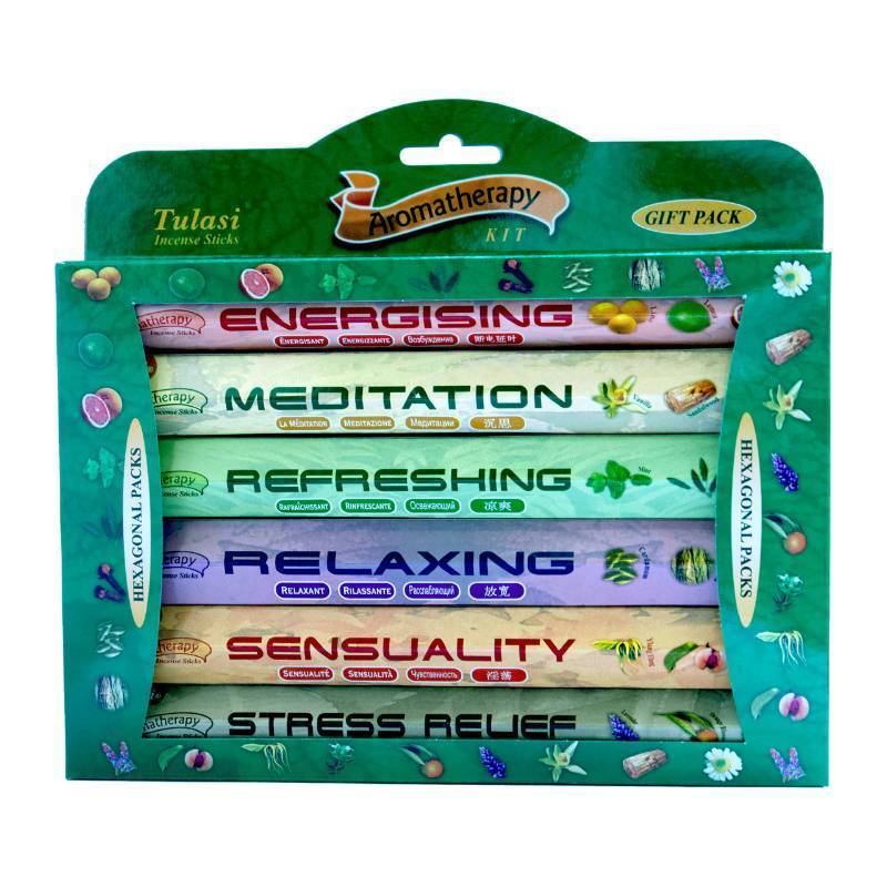 lot 9973 image: Tulasi Premium Aromatherapy Incense Sticks - Energising, Relaxing, Refreshing, Sensuality, Meditation & Stress Relief Mixed Scents, Hand Rolled with Natural Oils 120 Incense Sticks, 6 in 1 Gift Pack
