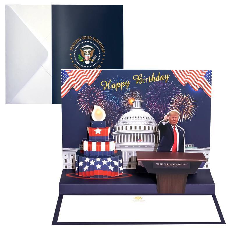 lot 1087 image: BTEBTAI Birthday Card, Talking Donald President Greeting Cards with Real Voice Message & Light for Men and Women, Parents, Couples(Birthday - White House)