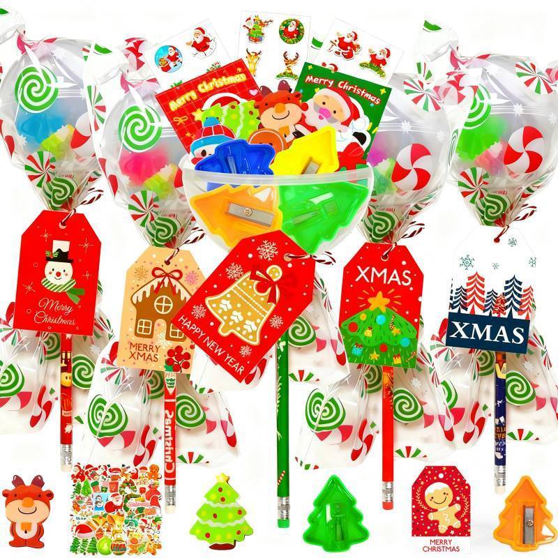 lot 1116 image: Christmas Party Favors Giant Lollipop Christmas Party Gifts with Bags Plastic Balls Notebooks Gift Tags Pencils Stickers Erasers for Classroom