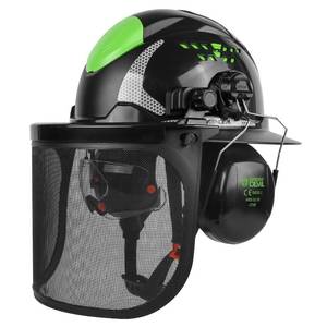 lot 3761 image: GREEN DEVIL Industrial Chainsaw Helmet with Face Shield Built in Visor and Ear Muffs 4 in 1 System ANSI Z89.1 Safety Hard Hat Adjustable Headgear Ideal for Forestry and Arborist Work Full Brim Style - Retail $48