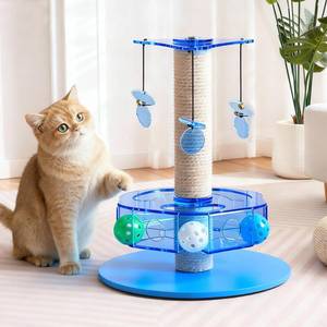 lot 3763 image: Kicari Modern 3-in-1 Interactive Cat Toy, Rotating Puzzle Box Cat Puzzle Toys for Indoor Cats with Colorful Jingle Balls, Small Scratching Post, Spinning Teaser Disc with Dangling Toys, Acrylic Blue - Retail $20