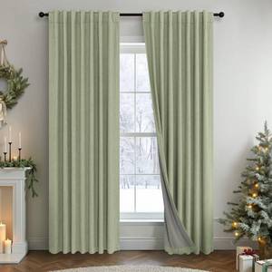 lot 3793 image: Pitalk Light Sage Green Black Out Curtains 63 Inch Long 2 Panel Set Back Tab Pleated Linen Textured Cute Blackout Curtains for Girls Bedroom Nursery Living Room Darkening Thermal Window Drapes Vintage - Retail $39