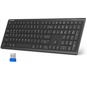 lot 3802 image: TECKNET Bluetooth Keyboard Rechargeable, 4-Device (2.4GBT) Wireless Keyboard, Full Size Computer Keyboard with Stand, Ultra-Slim Quiet Typing, for PCLaptopSmart TVPhoneTablet, 12 Hotkeys - Retail $30