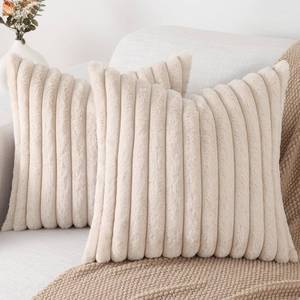 lot 3810 image: Pallene Faux Fur Plush Throw Pillow Covers 18x18 Set of 2, Luxury Soft Fluffy Striped Decorative Pillow Covers for Sofa, Couch, Living Room, Apricot - Retail $21