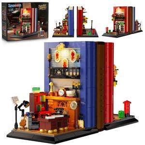 lot 3821 image: INSOON Detective Bookend Building Set with Lights, 1241 PCS Detective Agency Street House Building Block Kit for Home Decor Bookshelf, Collectible Mystery Bookstand Model for Adults Boys Girls Age 12 - Retail $30