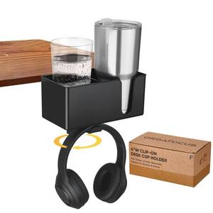 lot 3825 image: 4-in-1 Clip On Desk Cup Holder, Fits up to 40oz cups - Mountable Holder with Adjustable Divider &amp 360° Rotating Hook - No Spill Clamp On Drink Holder Attachment - for Desk Chair Table Bed Tray - Black - Retail $20