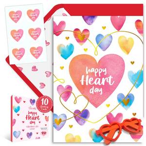 lot 3872 image: Decorably 10 Pack Gold Foiled 5x7in Valentine Cards with Envelopes, Stickers and Paper Heart Glasses, 1 Charming Design with Printed Message Inside - Retail $7