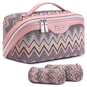 lot 3877 image: BOYATU Travel Makeup Bag for Women Western Boho Make up Bag Set of 3 - Large Capacity Vegan Leather Cosmetic Bag - Waterproof Toiletry Bag with Compartments &amp Handle &amp Divider(J-1-Pink)