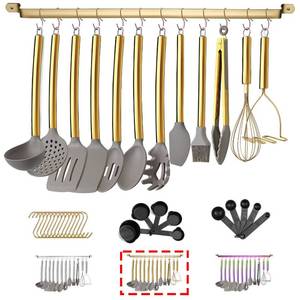 lot 3882 image: 38 Piece Silicone kitchen Cooking Utensils Set with Utensil Rack, Silicone Head and Stainless Steel Handle Cookware, Kitchen Tools for Utensil Sets, Non-Stick kitchen Gadgets, Dishwasher Safe (Gold) - Retail $24
