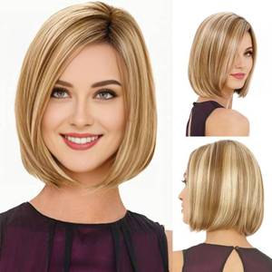 lot 3914 image: RENERSHOW Short Ombre Blonde Bob Wigs for Women 12 inch Cute Straight Bob Wigs for Girls Mixed Blonde Highlight Synthetic Wig Pixie Cut Hair Replacement Wigs - Retail $24