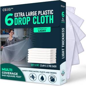 lot 3937 image: Caelum Star 6 Pack Extra Large Clear Painters Drop Cloth for Painting 12 x 9 ft, Clear Tarp Plastic Sheeting, Painters Plastic Sheet, Furniture Covers, Paint Tarp - Retail $8