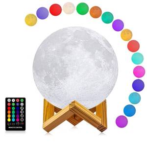 lot 3950 image: LOGROTATE Moon Lamp, 3D Printing 16 Colors LED Night Light, Moon Light with Stand and Time Setting & Remote & Touch Control, Lunar Lights for Birthday Kids Gifts Lovers Gifts (7 inch) - Retail $34