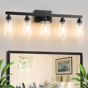 lot 3973 image: VOLISUN Matte Black Bathroom Light Fixtures, 5-Light Bathroom Vanity Light Over Mirror, Modern Vanity Lights for Bathrooms, Bathrooms Lights Fixtures Over Mirror with Clear Glass Shades