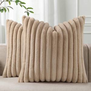 lot 3982 image: Pallene Faux Fur Plush Throw Pillow Covers 18x18 Set of 2, Luxury Soft Fluffy Striped Decorative Pillow Covers for Sofa, Couch, Living Room, Khaki - Retail $21