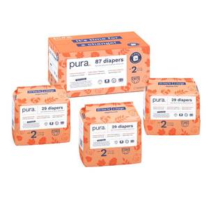 lot 4030 image: Pura Hypoallergenic Diapers, Size 2 (7-13 lbs) Totally Chlorine Free, Wetness Indicator, Suitable for Sensitive Skin, Soft Organic Cotton, Overnight, 3 Packs of 29 (87 Baby Diapers) - Retail $30
