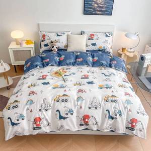 lot 4032 image: DJY Dinosaur Kids Duvet Cover Set Queen, 100% Cotton Dino Truck Car Bedding Set for Boys Girls, 3 Pieces Reversible Dinosaur Comforter Cover Set  - Retail $48