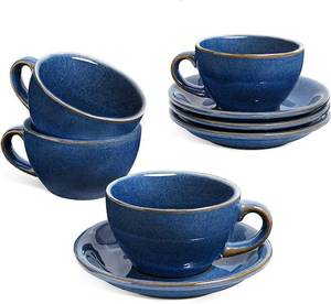 lot 4035 image: LE TAUCI Cappuccino Cups with Saucers 6 oz, Set of 4 Ceramic Coffee Cup and Saucer Set for Latte, Au Lait, Flat White, Mocha, Tea, Embossed Coffee Cups, Ceylon Blue - Retail $37