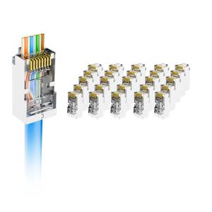 lot 4056 image: VCE Cat6 Shielded RJ45 Pass Through Connectors 25-Pack, RJ45 8P8C Cat 6Cat 5e Connector End 3 Prong Ethernet Modular Plug Gold Plated for Solid or Stranded STPFTP Network Cable (Shielded, 25 Pack) - Retail $8