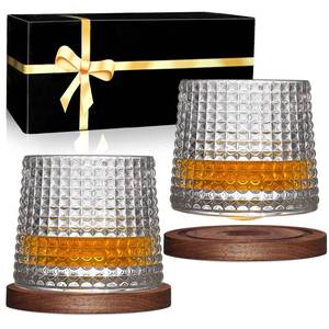 lot 4089 image: BOLESTA Whiskey Glasses Set of 2, Rotatable Tumbler Crystal Glass Cups, Drinking Glasses with 2Pcs Creative Walnut Coasters and Gift Box - for Scotch,Bourbon,Cocktails - Retail $23