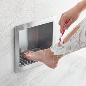 lot 4104 image: BreezeHug Shower Foot Rest for Shaving Legs, 304 Stainless Steel Footrest Niche with Silicone Soap Dish, Recessed Shower Niche for Legs, Brushed Nickel, 4.53 x 4.53 x 3 Inches - Retail $19