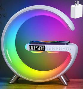 lot 4119 image: Smart LED Table Lamp, 5-in-1 Night Light Fast Wireless Charging Station, 256 Lights Mode Dimmable Bedside Lamp, Bluetooth Speaker & App Control for Bedroom, Home Decor, Alarm Clock for Festival Gifts - Retail $40