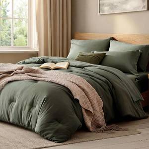 lot 4121 image: WRENSONGE King Size Comforter Set- 7 Pieces Soft Olive Green Bed in a Bag King with Fitted Sheet, Flat Sheet, 2 Pillow Shams, and 2 Pillowcases-Warm King Bedding Set for All Season - Retail $55