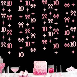 lot 4135 image: Glitter Pink 10th Bow Birthday Decorations Hot Pink Conquette Bow Garland Streamer Banner Backdrop for Girls Happy 10th Birthday Double Digits Im 10 Cheers to 10 Years Old Anniversary Party Supplies - Retail $13