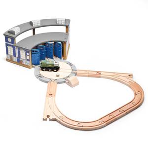 lot 4139 image: SainSmart Jr. Wooden Train Track with Roundhouse - Railway Toy for Toddlers, Double-Side Tracks Compatible with with All Major Brands - Wood Toy Train for Aged 3 - Retail $42
