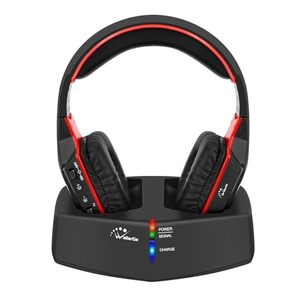 WallarGe Wireless Headphones for TV Watching with RF Transmitter Charging Dock, Plug and Play, 100 Ft Wireless Range, Rechargeable 20 Hour Battery (Black with Red) - Retail: $110