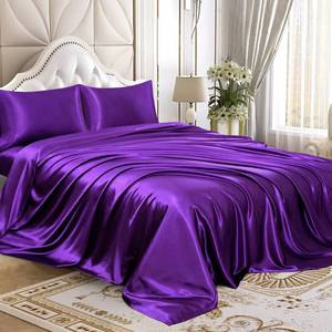 lot 4157 image: Homiest 4pcs Satin Sheets Set Luxury Silky Satin Bedding Set with Deep Pocket, 1 Fitted Sheet  1 Flat Sheet  2 Pillowcases (Full Size, Purple) - Retail $23