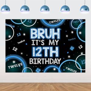 lot 4177 image: Wonmelody Bruh Its My Birthday Decor for Boy 5  3ft Bruh Its My 12th Birthday Backdrop Banner Bro Im 12 Teens Bday Party Decor Its My Birth Day Banner Blue Black Teenager 12th Bday Party - Retail $10
