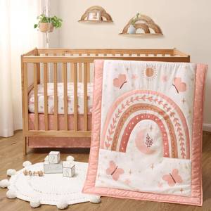 lot 4184 image: The Peanutshell 3 Piece Baby Crib Bedding Set for Girls - Newborn, Infant & Toddler Nursery Bed Set Decor with Fitted Crib Sheet, Dust Ruffle, Crib Comforter - Boho Rainbow - Retail $45