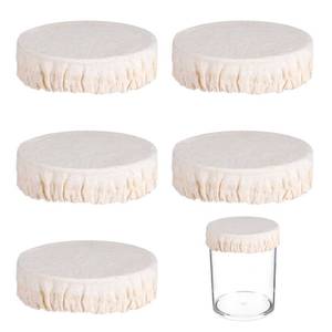 lot 4219 image: 5 Pack Mason Jar Cloth Covers Linen Sourdough Reusable Cotton Sourdough Starter Jar Covers, Breathable Fermentation Lids Elastic Design Handmade Cotton Cloth Cover for 3-4 Inch Mason Jars and Bowls - Retail $7
