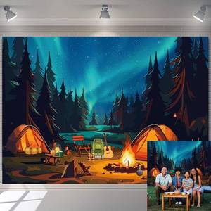 lot 4224 image: Forest Night Scene Camping Backdrop Adventure Theme Photography Background Happy Camper Banner Campfire Party Decorations Supplies for Adults Kids Birthday (7x5FT 210x150cm) - Retail $9