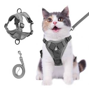 lot 4227 image: Wanheart cat Chest Harness and Leash, Anti-Escape Adjustable Soft mesh cat Leash and Chest Harness Set for All Types of Cats cat Vests (Grey, 6.6-9.9lb) - Retail $10