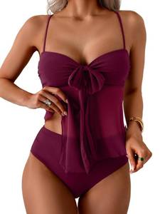 lot 4230 image: B2prity Tankini Swimsuits for Women, Tummy Control Flowy Mesh Tops, High Waisted Bottoms, Coquette 2 Piece Bathing Suits Wine Red Large - Retail $40