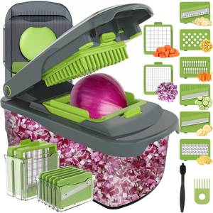 lot 4247 image: Ourokhome Food Chopper Manual Hand with Container, Mandolin Vegetable Slicer Onion Dicer with 8 Blades, Veggie Shredder for Potato, Tomato, Essential Kitchen Gadgets (8 in 1, Gray) - Retail $20