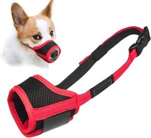 lot 4256 image: LUCKYPAW Dog Muzzle Anti Biting Barking and Chewing with Comfortable Mesh Soft Fabric and Adjustable Strap, Suitable for Small, Medium and Large Dogs(Red Trim,S) - Retail $8