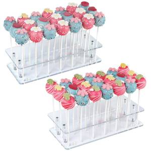 lot 4268 image: ANDGOO 2-Pack Cake Pop Stand, 21 Holes Lollipop Holder Clear Acrylic Cake Pop Display Stand for Weddings Birthday Parties Candy Decorative Graduation - Retail $23