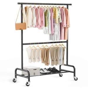 lot 4271 image: Abiglifty 2 Tier Clothes Rcks for Hanging Clothes, Heavy-Duty Clothing Rack with Wheels,150LBS Capacity, 42 W X15 D X 77 H Garment Rack with Bottom Shelf, for Bedroom, Living Room, Black - Retail $33