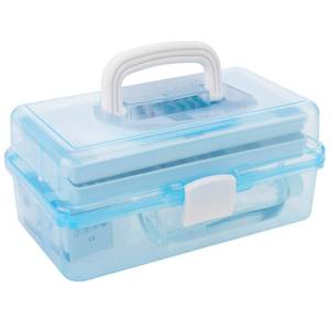 lot 4272 image: MyGift 13 Inch Transparent Blue Plastic Empty Multipurpose Storage Box with Handle, Latching Lid and 2 Expandable Trays for Tools, First Aid, Sewing Kit, Arts Crafts Supplies PIECE CRACKED - Retail $25