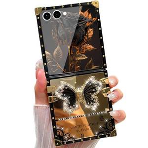 lot 4283 image: AuroiCYY for Samsung Galaxy Z Flip 7 Kickstand Case, Glitter Foldable Bling Diamonds Butterfly Stand Mirror Back Golden Plated Shockproof Elegant Cute Soft Protective Cover for Galaxy Z Flip 7, Black - Retail $15