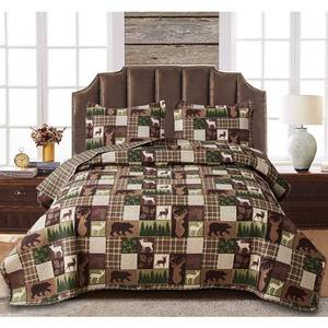 lot 4292 image: Oliven Reversible Lodge Plaid Bedding Moose Bear Quilt FullQueen Size Rustic Bedspread Cabin Coverlet Wildlife Forest Daybed Cover Summer Lightweight Bed Cover Pillow Shams - Retail $36